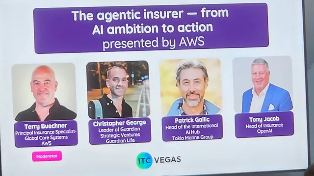Session slide reading The agentic insurer, from AI ambition to action, presented by AWS, with photos of the moderator and three panelists.