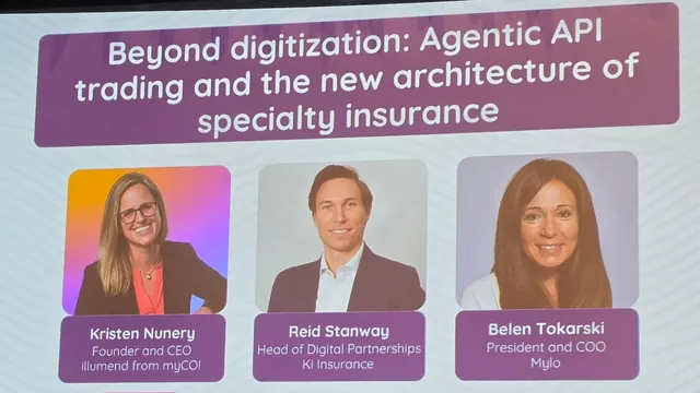 Session title slide reading Beyond digitization: Agentic API trading and the new architecture of specialty insurance, with photos of the moderator and two panelists.