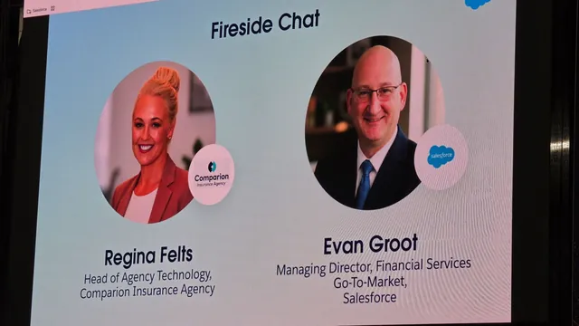 Fireside chat slide showing Regina Felts of Comparion Insurance Agency and Evan Groot of Salesforce.